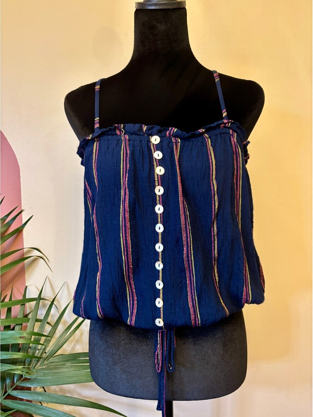 Elan Women's Blue Striped Crop Top Romantic Feminine Summer Layered Size Small